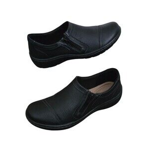 Clarks Cora Giny Womens Loafer US Size 8.5 M Black Tumbled Leather Side Zip